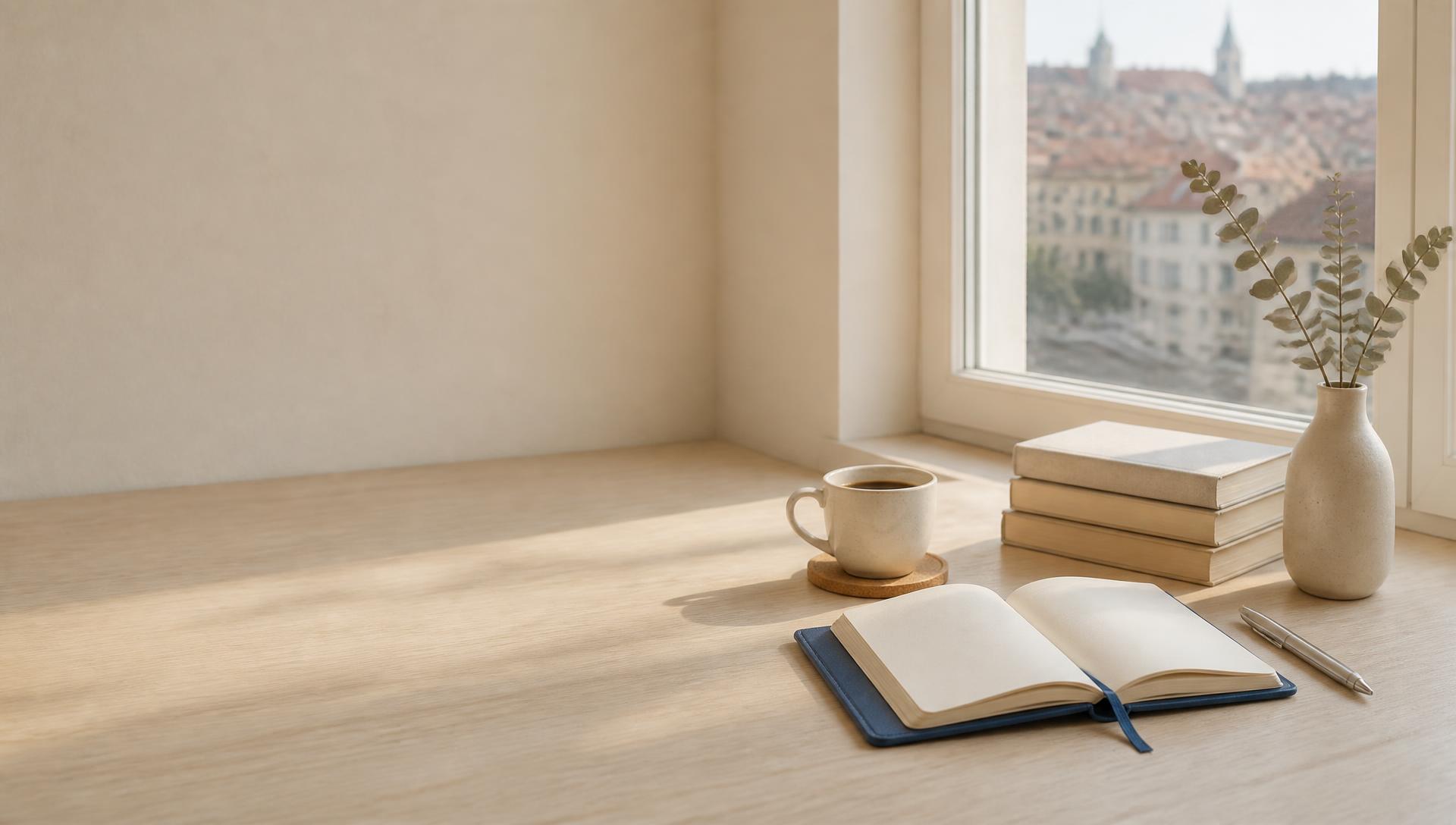 Schreibtisch am Fenster mit Notizbuch und Kaffee